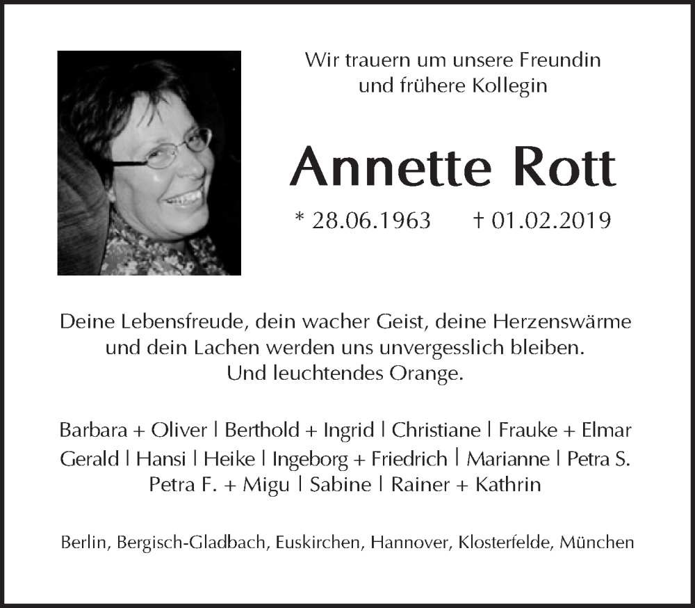  Traueranzeige für Annette Rott vom 17.02.2019 aus Tagesspiegel
