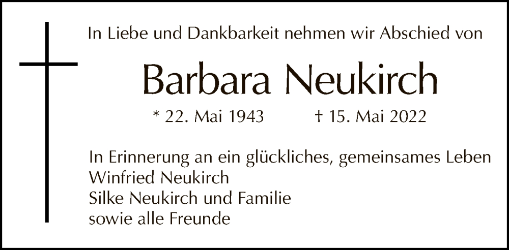  Traueranzeige für Barbara Neukirch vom 22.05.2022 aus Tagesspiegel