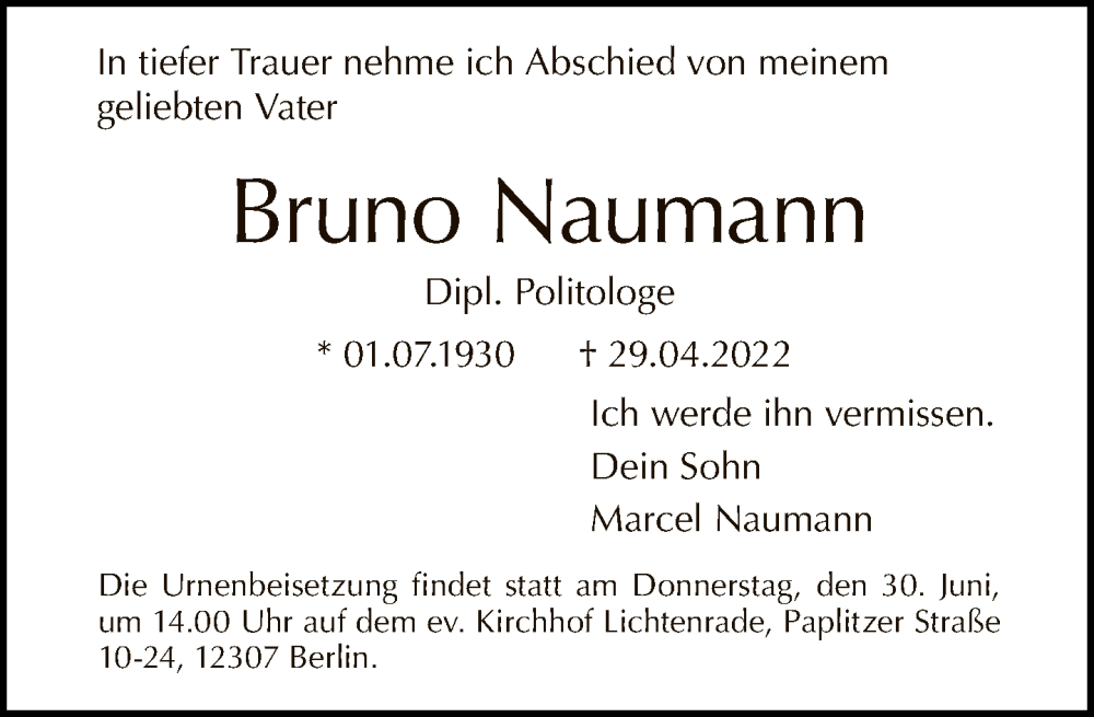  Traueranzeige für Bruno Naumann vom 08.05.2022 aus Tagesspiegel