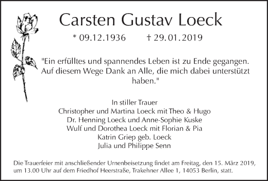 Traueranzeige von Carsten Gustav Loeck von Tagesspiegel