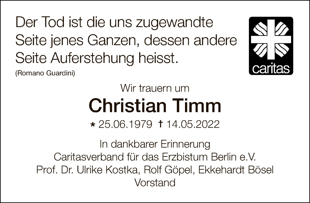  Traueranzeige für Christian Timm vom 22.05.2022 aus Tagesspiegel