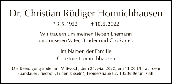 Traueranzeige von Christian Rüdiger Homrichhausen von Tagesspiegel