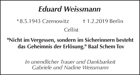 Traueranzeige von Eduard Weissmann von Tagesspiegel