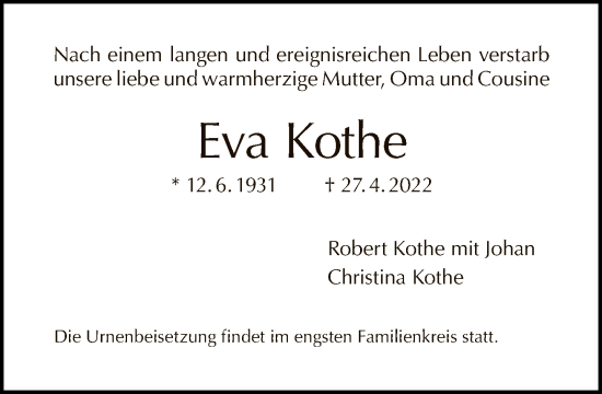 Traueranzeige von Eva Kothe von Tagesspiegel