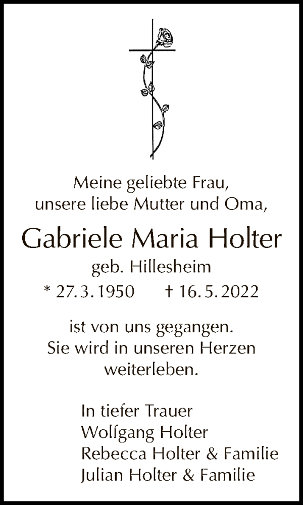  Traueranzeige für Gabriele Maria Holter vom 22.05.2022 aus Tagesspiegel