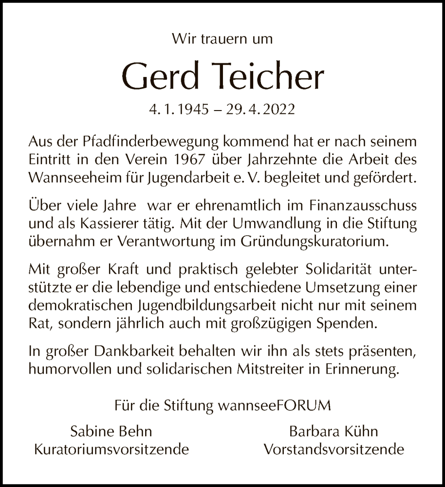  Traueranzeige für Gerd Teicher vom 08.05.2022 aus Tagesspiegel