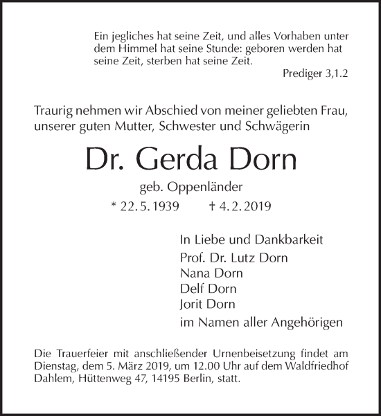 Traueranzeige von Gerda Dorn von Tagesspiegel