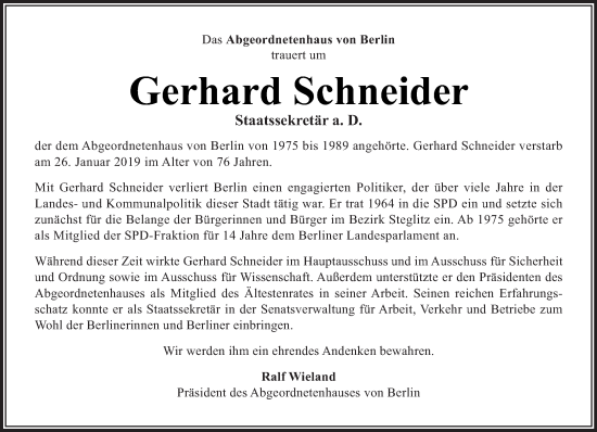 Traueranzeige von Gerhard Schneider von Tagesspiegel