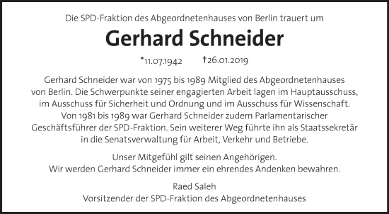 Traueranzeige von Gerhard Schneider von Tagesspiegel