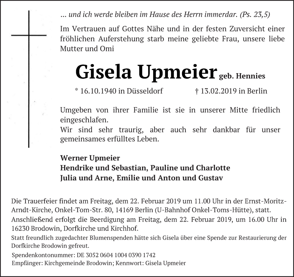  Traueranzeige für Gisela Upmeier vom 17.02.2019 aus Tagesspiegel