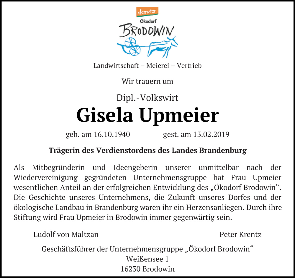  Traueranzeige für Gisela Upmeier vom 17.02.2019 aus Tagesspiegel