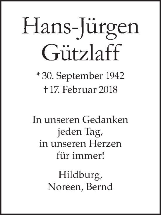 Traueranzeige von Hans-Jürgen Gützlaff von Tagesspiegel