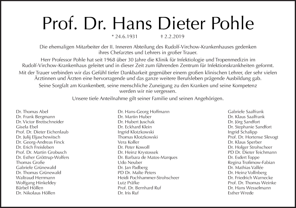  Traueranzeige für Hans Dieter Pohle vom 17.02.2019 aus Tagesspiegel
