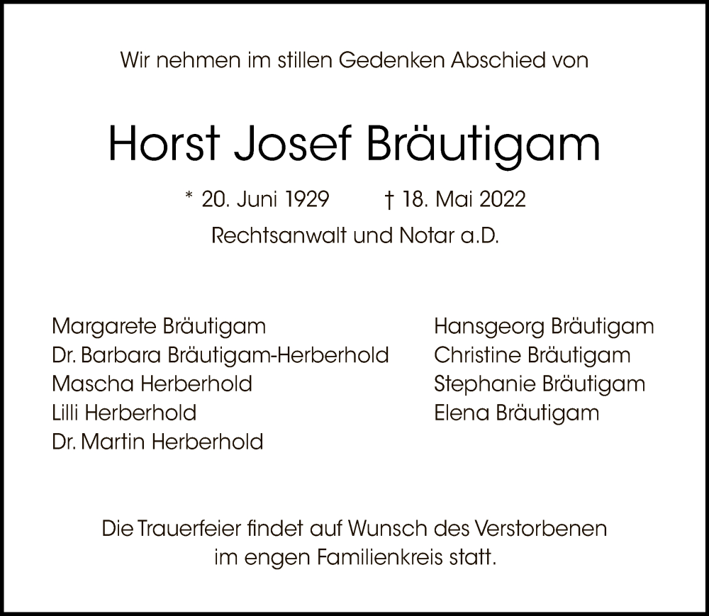  Traueranzeige für Horst Josef Bräutigam vom 22.05.2022 aus Tagesspiegel