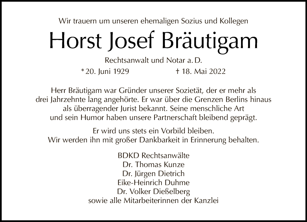  Traueranzeige für Horst Josef Bräutigam vom 29.05.2022 aus Tagesspiegel