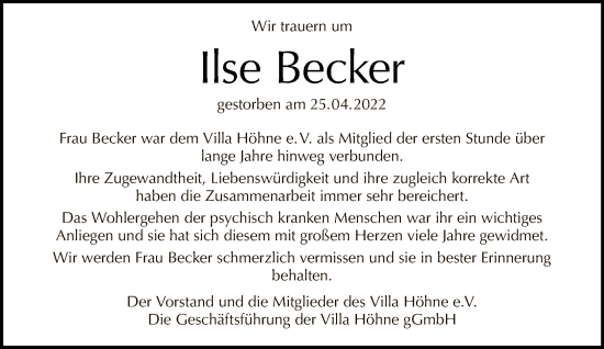 Traueranzeige von Ilse Becker von Tagesspiegel