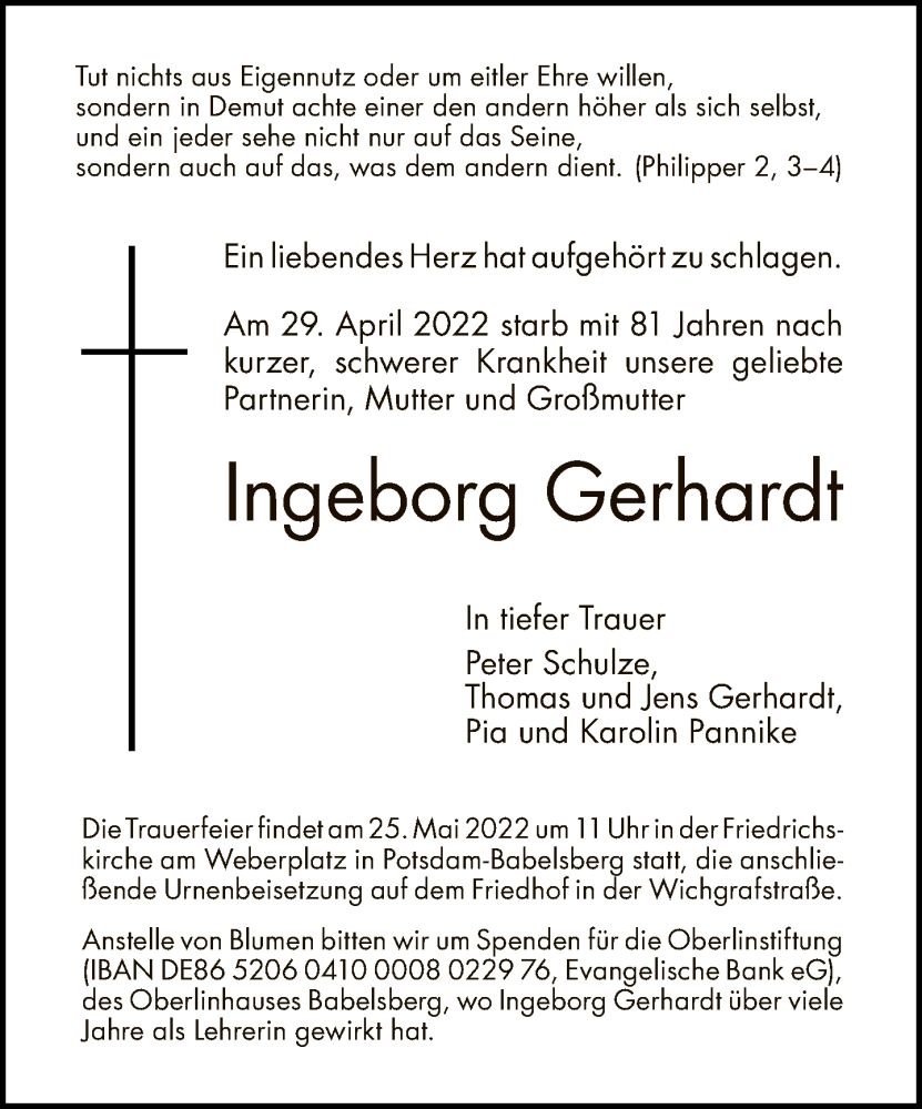  Traueranzeige für Ingeborg Gerhardt vom 14.05.2022 aus Tagesspiegel