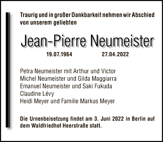 Traueranzeige von Jean-Pierre Neumeister von Tagesspiegel