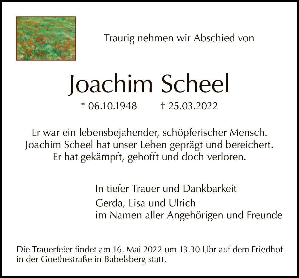  Traueranzeige für Joachim Scheel vom 07.05.2022 aus Tagesspiegel