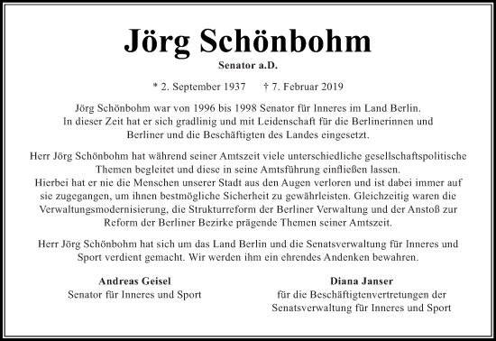 Traueranzeige von Jörg Schönbohm von Tagesspiegel