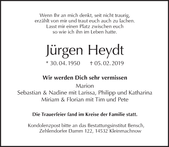 Traueranzeige von Jürgen Heydt von Tagesspiegel