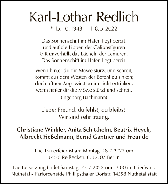 Traueranzeige von Karl-Lothar Redlich von Tagesspiegel