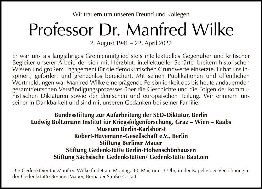  Traueranzeige für Manfred Wilke vom 15.05.2022 aus Tagesspiegel