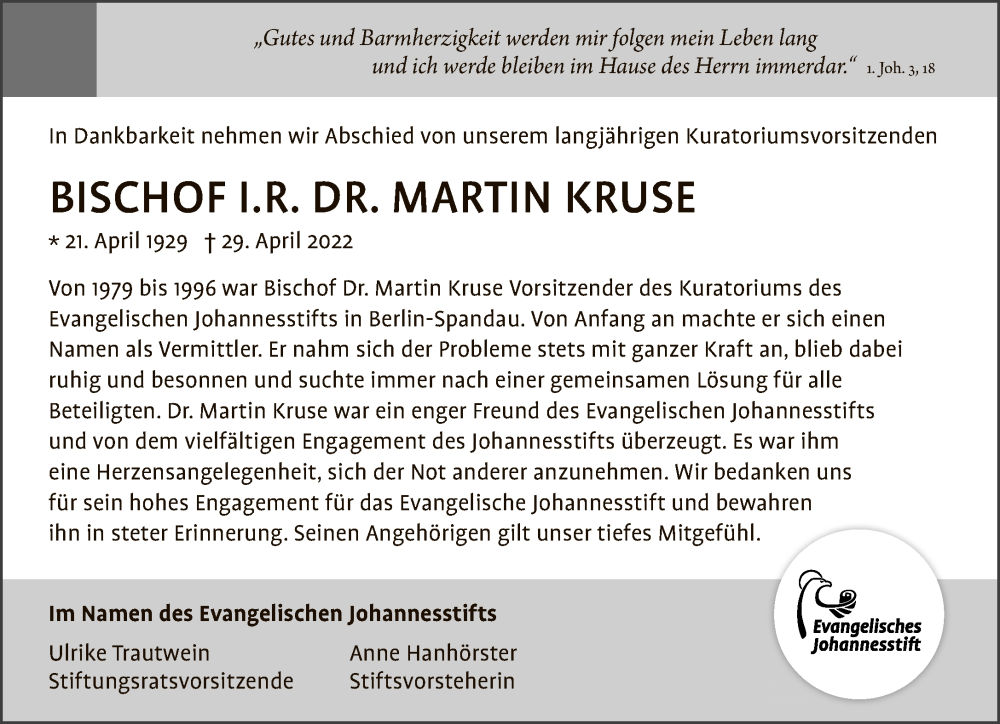  Traueranzeige für Martin Kruse vom 08.05.2022 aus Tagesspiegel