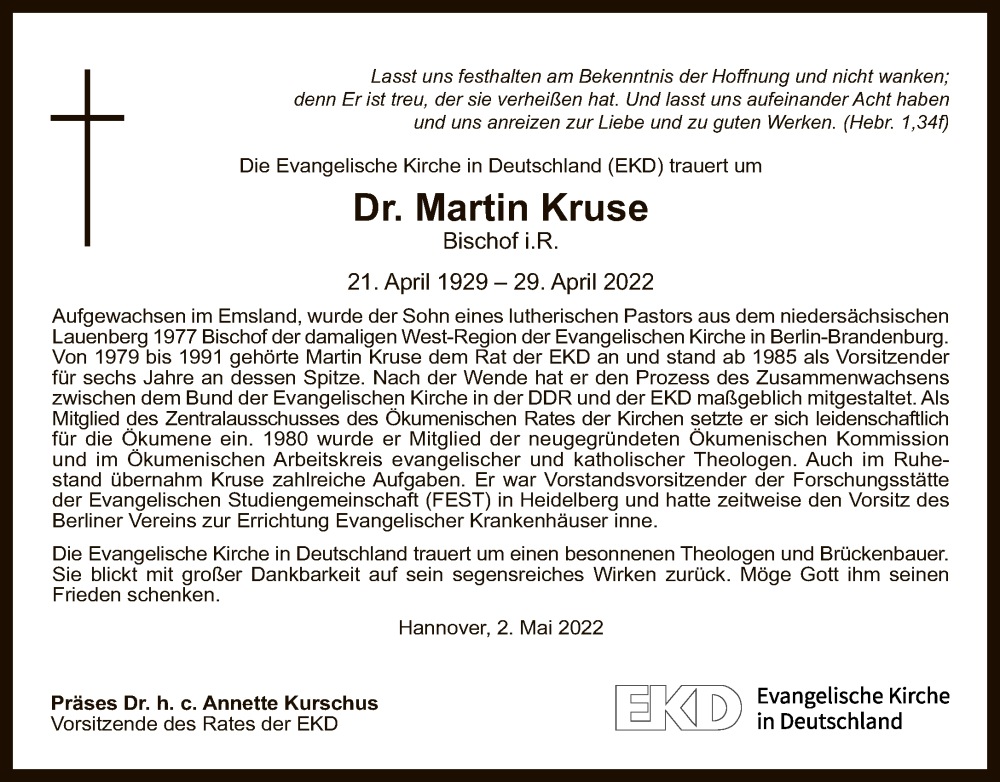  Traueranzeige für Martin Kruse vom 08.05.2022 aus Tagesspiegel