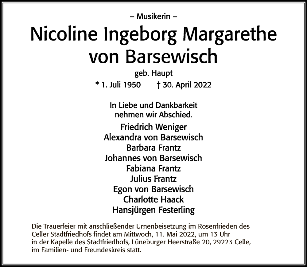  Traueranzeige für Nicoline Ingeborg Margarethe  von Barsewisch vom 08.05.2022 aus Tagesspiegel