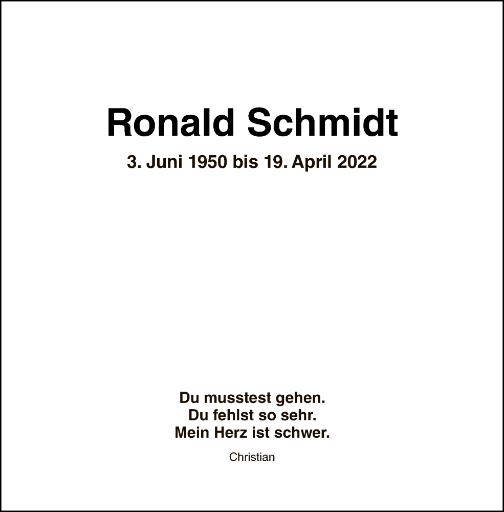  Traueranzeige für Ronald Schmidt vom 08.05.2022 aus Tagesspiegel