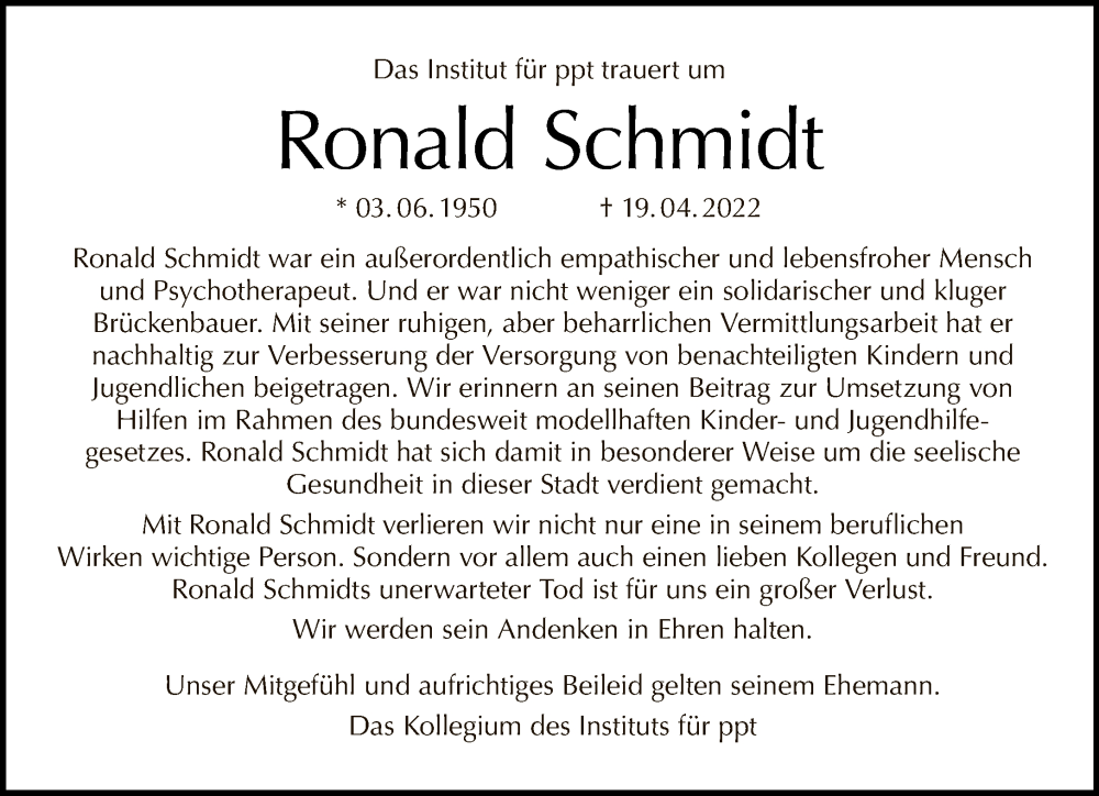  Traueranzeige für Ronald Schmidt vom 08.05.2022 aus Tagesspiegel