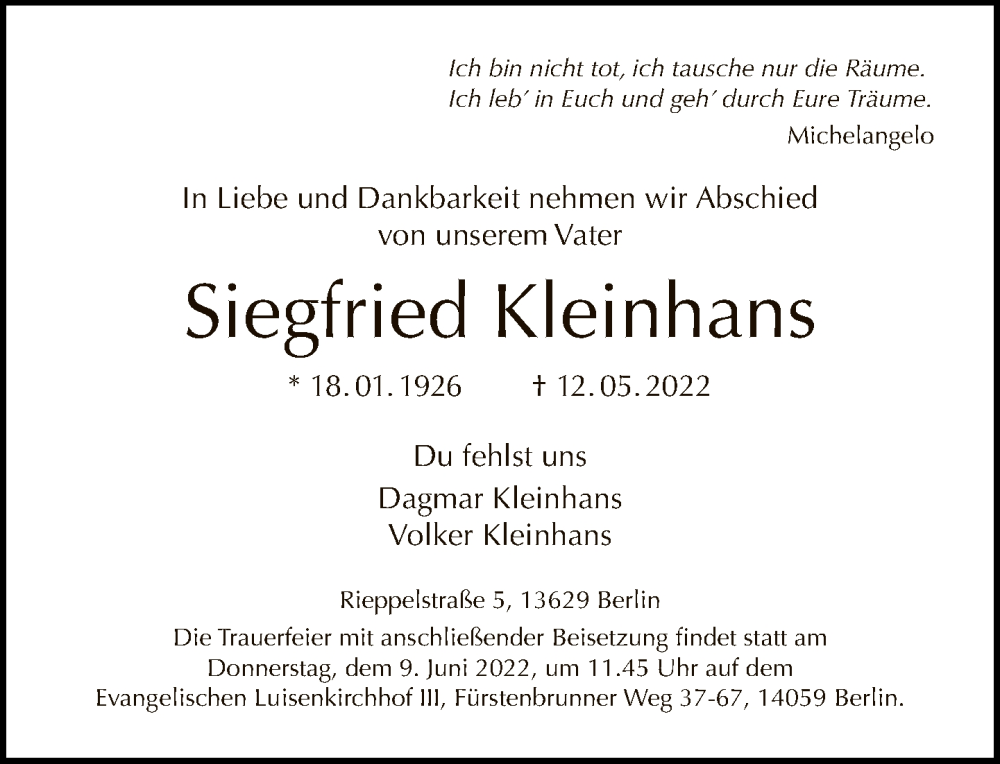  Traueranzeige für Siegfried Kleinhans vom 22.05.2022 aus Tagesspiegel