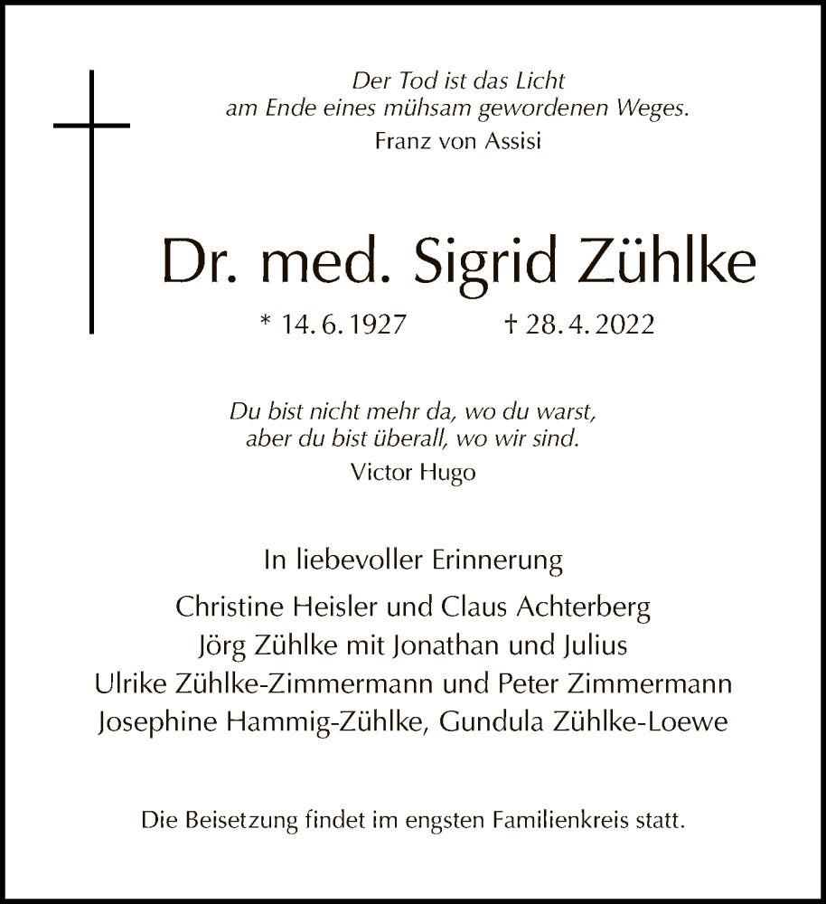  Traueranzeige für Sigrid Zühlke vom 08.05.2022 aus Tagesspiegel