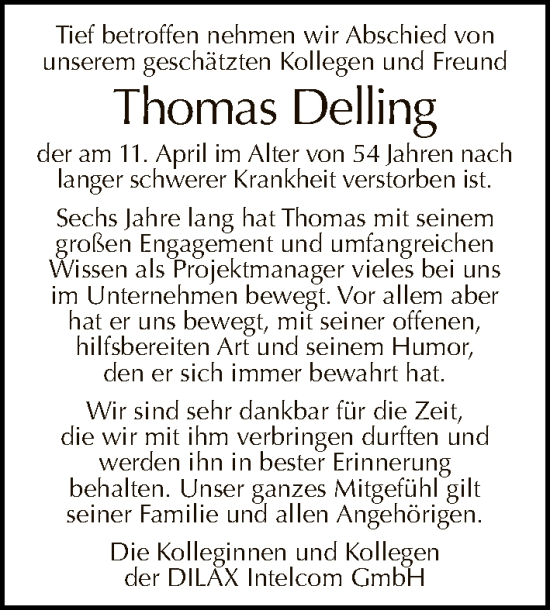 Traueranzeige von Thomas Delling von Tagesspiegel