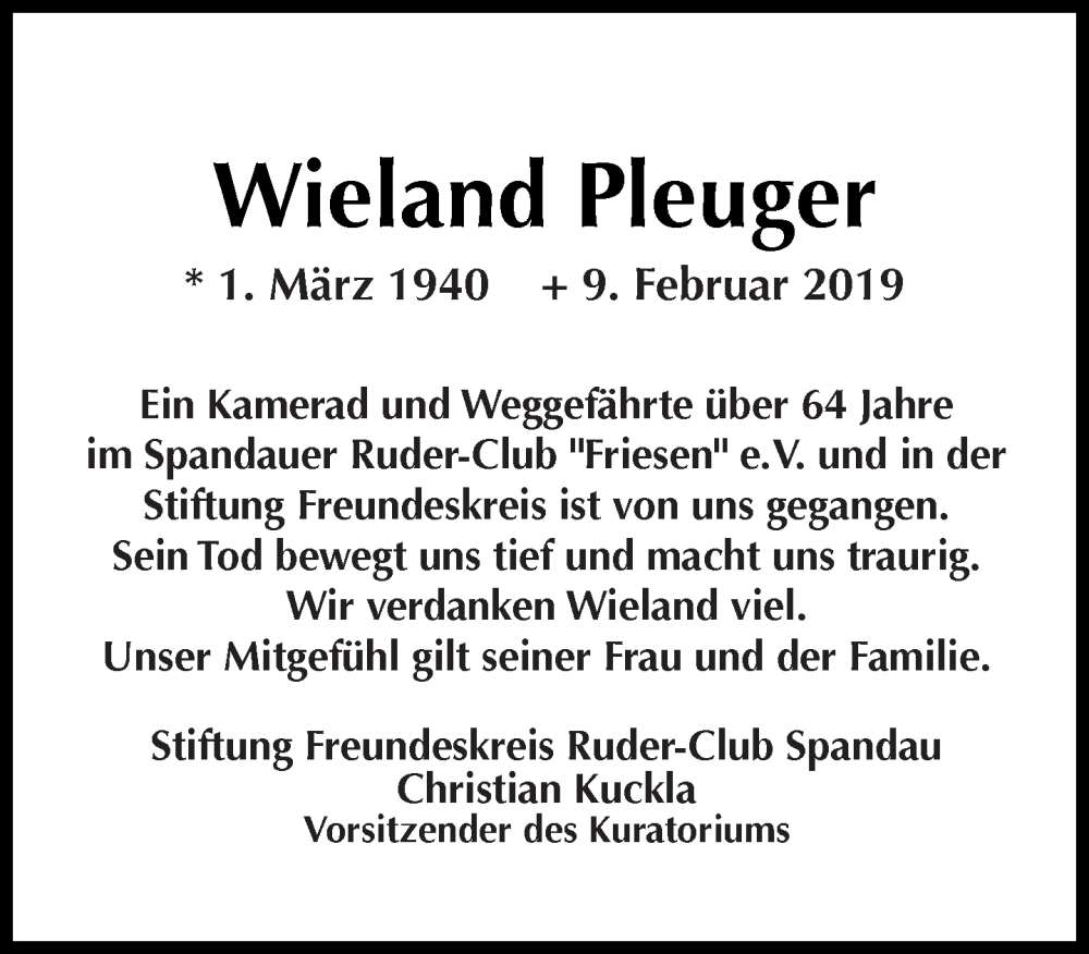  Traueranzeige für Wieland Pleuger vom 17.02.2019 aus Tagesspiegel