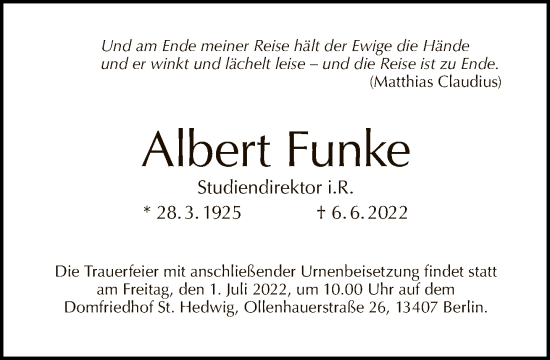 Traueranzeige von Albert Funke von Tagesspiegel