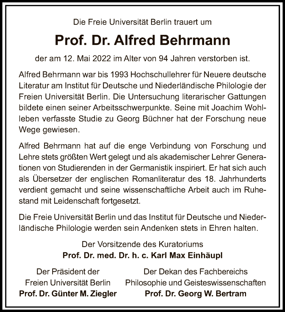  Traueranzeige für Alfred Behrmann vom 05.06.2022 aus Tagesspiegel