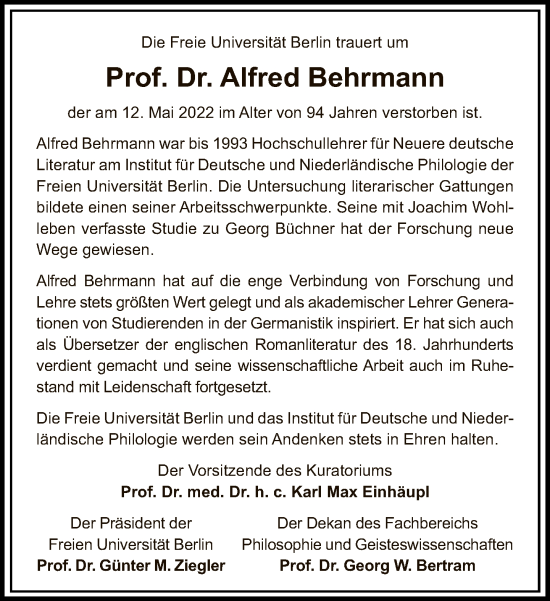 Traueranzeige von Alfred Behrmann von Tagesspiegel