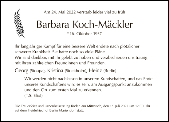 Traueranzeige von Barbara Koch-Mäckler von Tagesspiegel