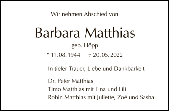 Traueranzeige von Barbara Matthias von Tagesspiegel