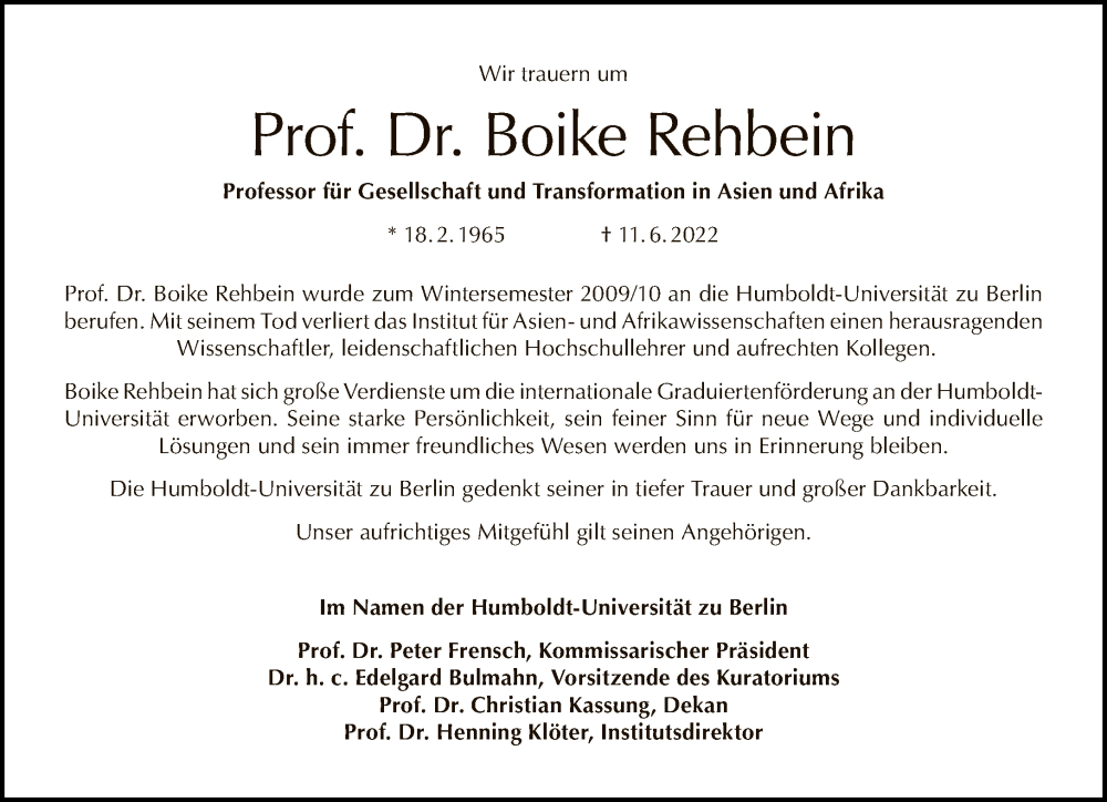  Traueranzeige für Boike Rehbein vom 19.06.2022 aus Tagesspiegel