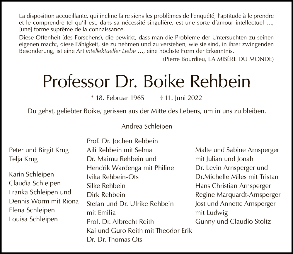  Traueranzeige für Boike Rehbein vom 26.06.2022 aus Tagesspiegel
