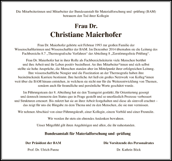 Traueranzeige von Christiane Maierhofer von Tagesspiegel