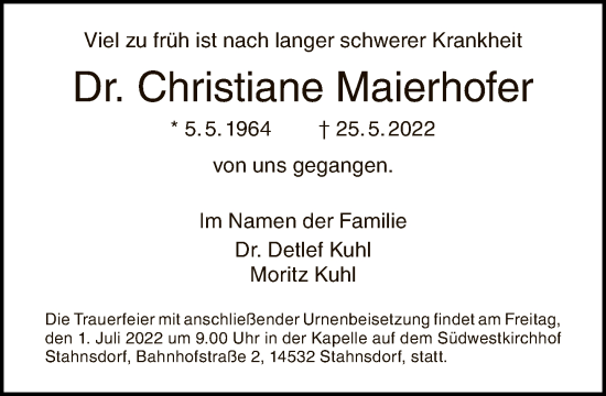 Traueranzeige von Christiane Maierhofer von Tagesspiegel