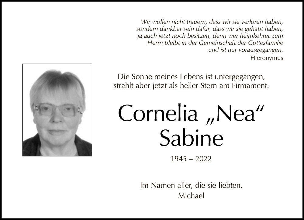 Traueranzeigen von Cornelia Sabine | Tagesspiegel Trauer