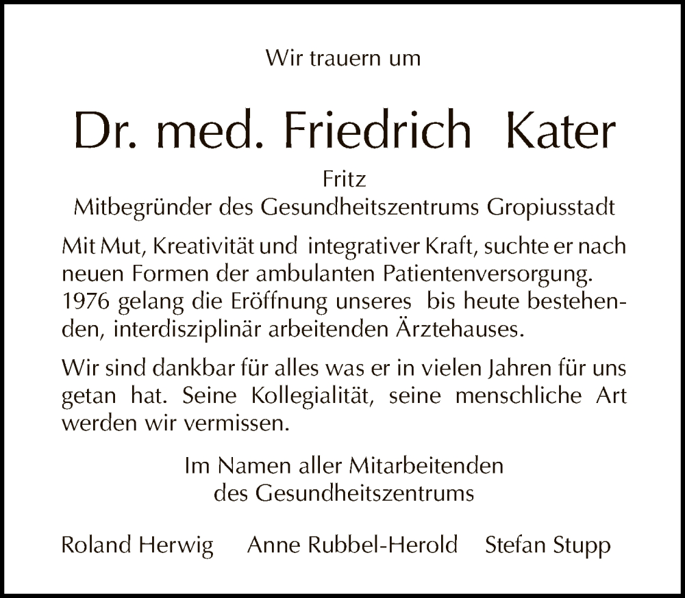  Traueranzeige für Friedrich Kater vom 26.06.2022 aus Tagesspiegel