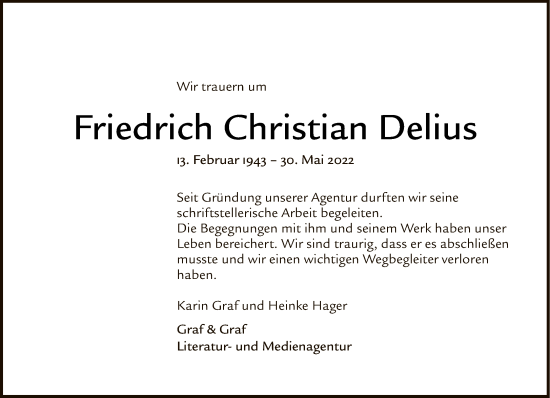 Traueranzeige von Friedrich Christian Delius von Tagesspiegel