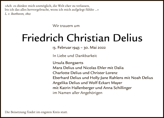 Traueranzeige von Friedrich Christian Delius von Tagesspiegel