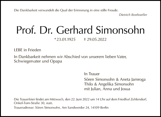 Traueranzeige von Gerhard Simonsohn von Tagesspiegel